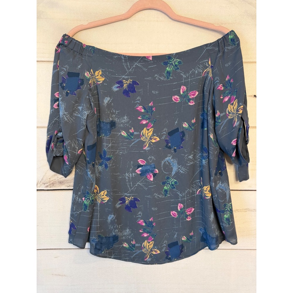 Babaton Aritzia Floral Off the Shoulder Tie Sleeve Blouse Grey Blue Small